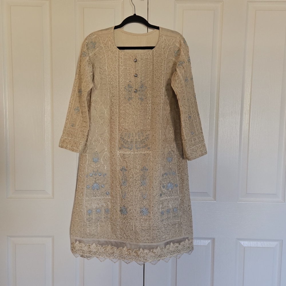 Embroidered Salwar Kameez Dupatta Long Scarf Beige Gold Organza Party Wear Dress
